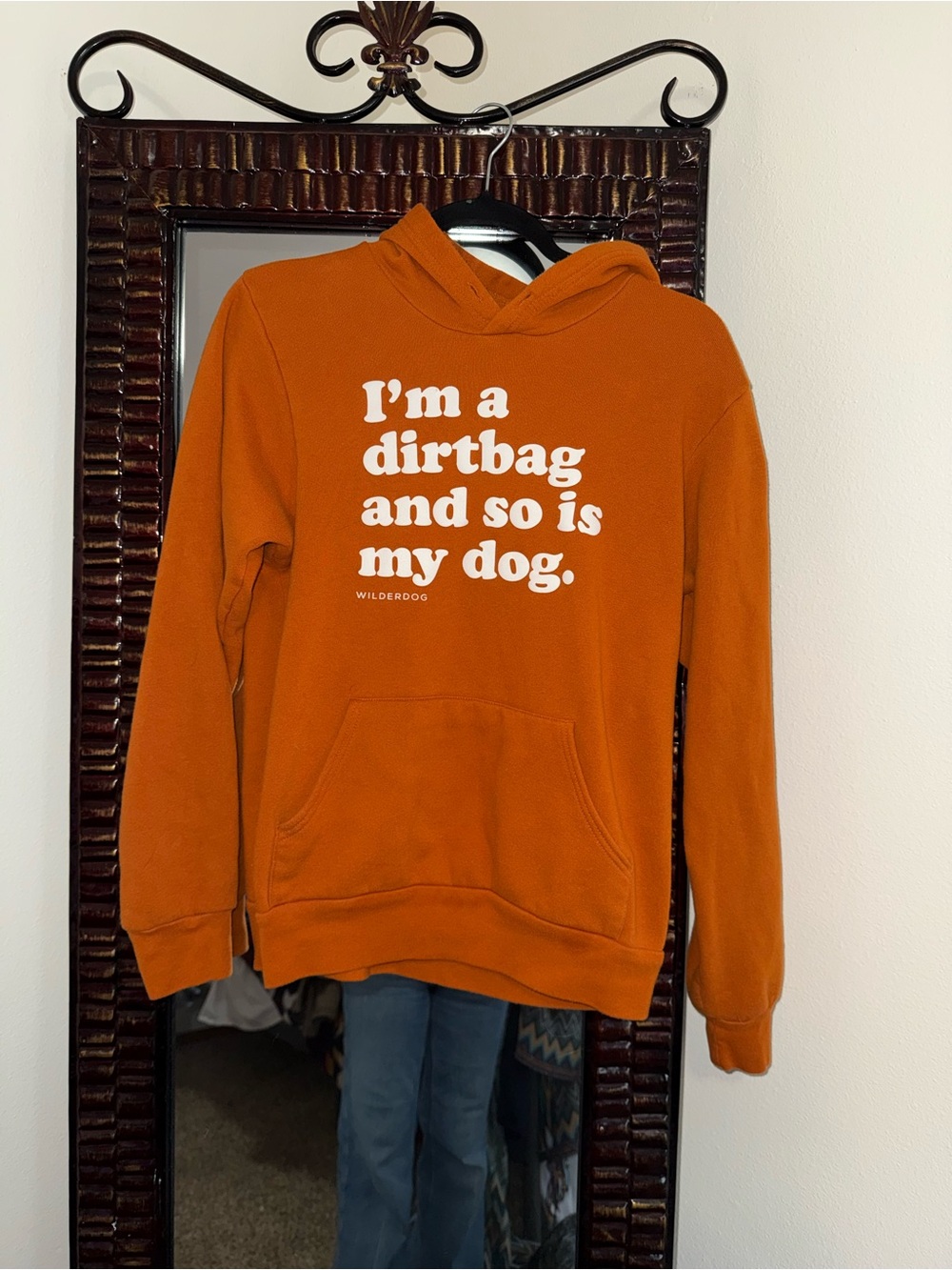 Wilderdog Orange Hoodie - "I'm a dirtbag and so is my dog." Women’s Medium